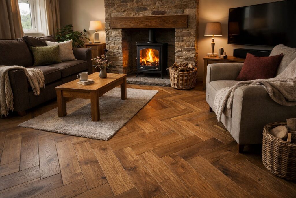 Oak flooring in a warm living room